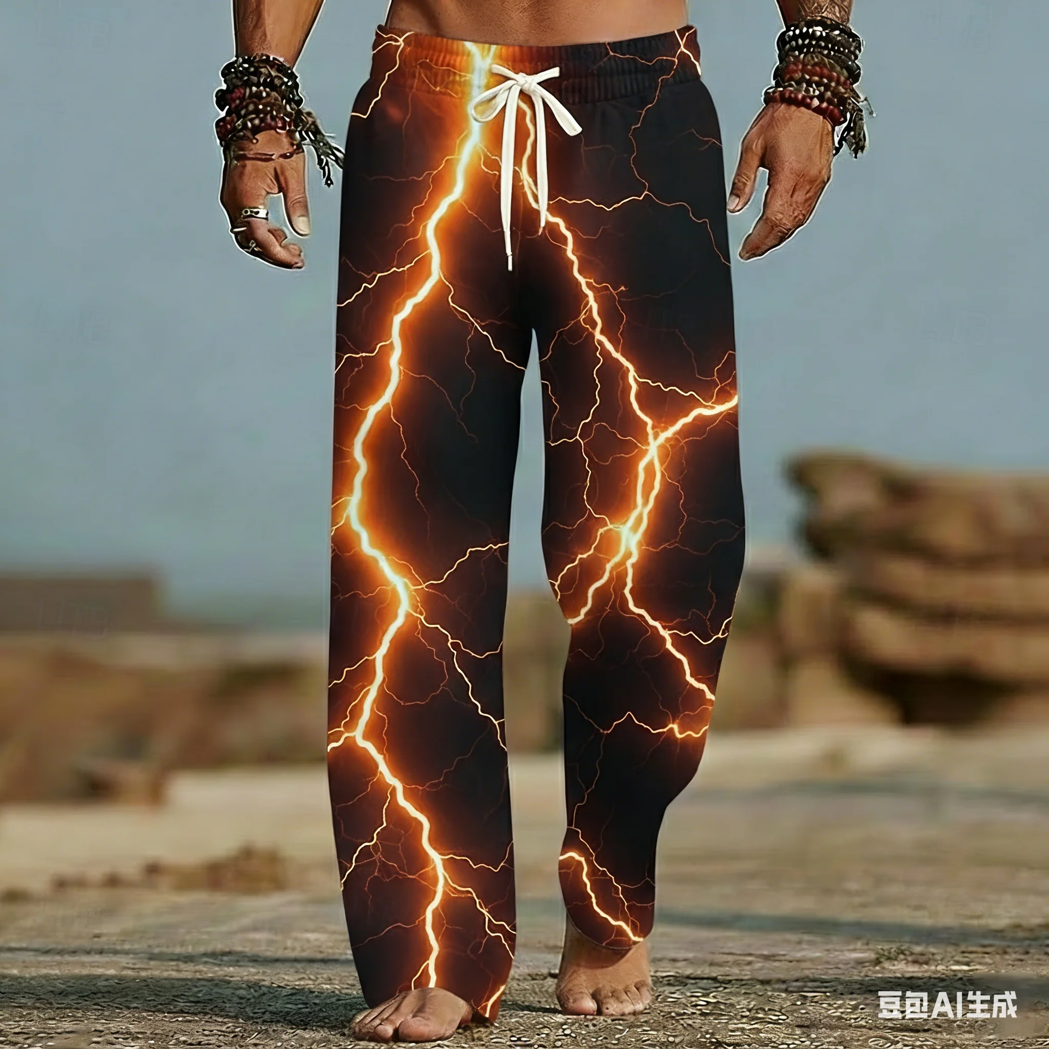 Men's and Women's Beach Pants with Lightning Patterns 3D Printed Wide Leg Elastic Casual Summer Vacation Loose Breathable Pants