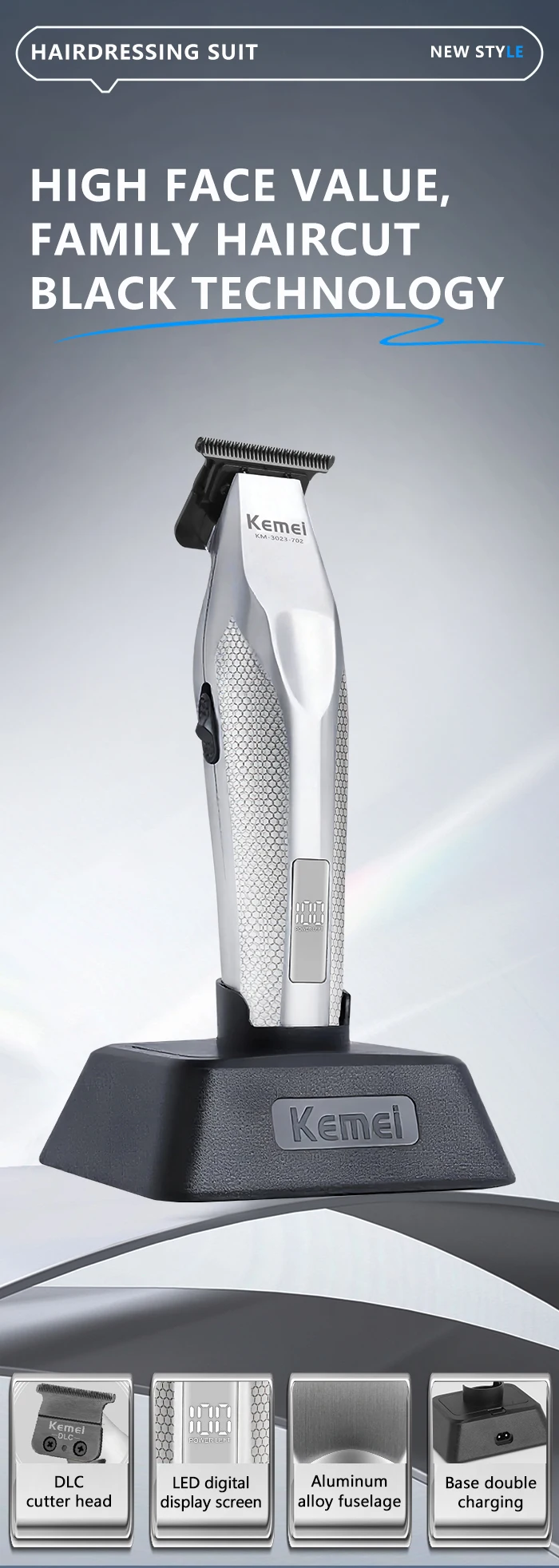Kemei 3023-702 Zero Gapped Cordless Hair Trimmer Professional Hair Clipper Men Barber Rechargeable Finish Hair Citing Machine