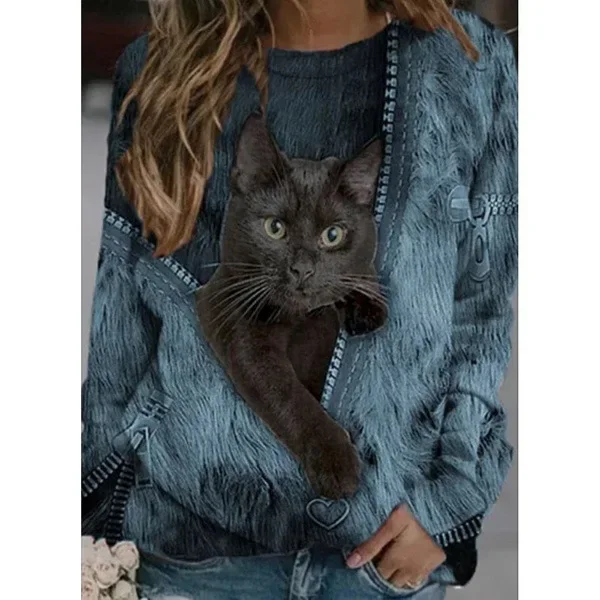 Spring Autumn Fashion T Shirt Zipper Cartoon Cat Printed Casual Loose Shirt Long Sleeve Round Neck Tops for Women Clothing