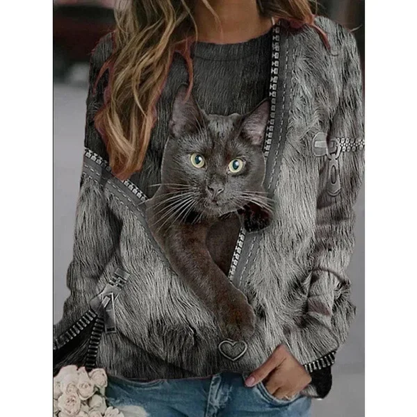 Spring Autumn Fashion T Shirt Zipper Cartoon Cat Printed Casual Loose Shirt Long Sleeve Round Neck Tops for Women Clothing