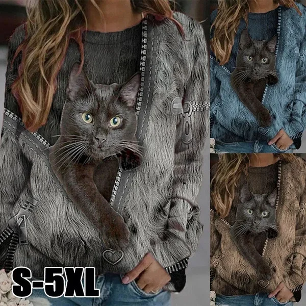 Spring Autumn Fashion T Shirt Zipper Cartoon Cat Printed Casual Loose Shirt Long Sleeve Round Neck Tops for Women Clothing
