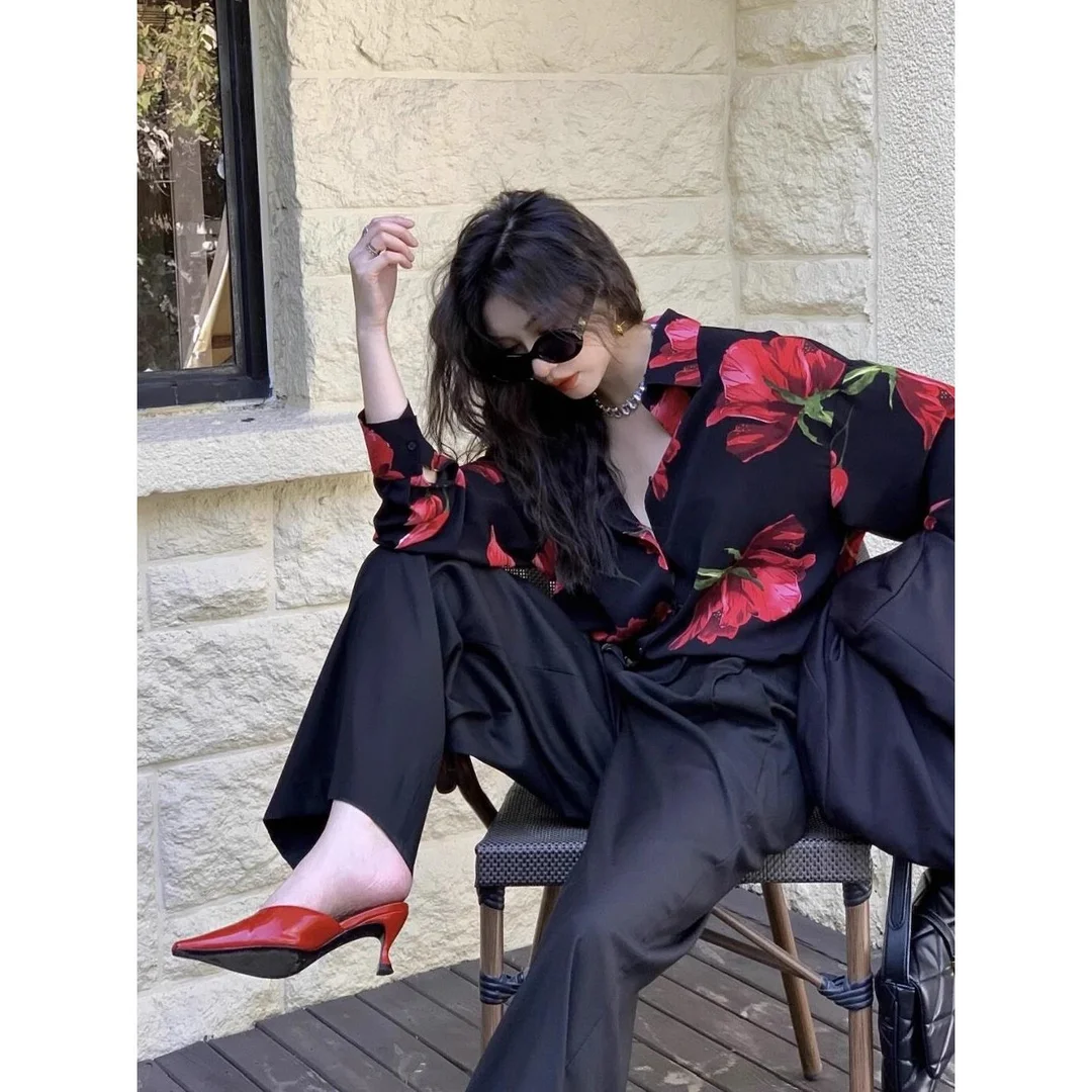 Summer Fashion New Women's Elegant Design Printed Shirt Retro Street Style Single Breasted Long Sleeved Satin Shirt