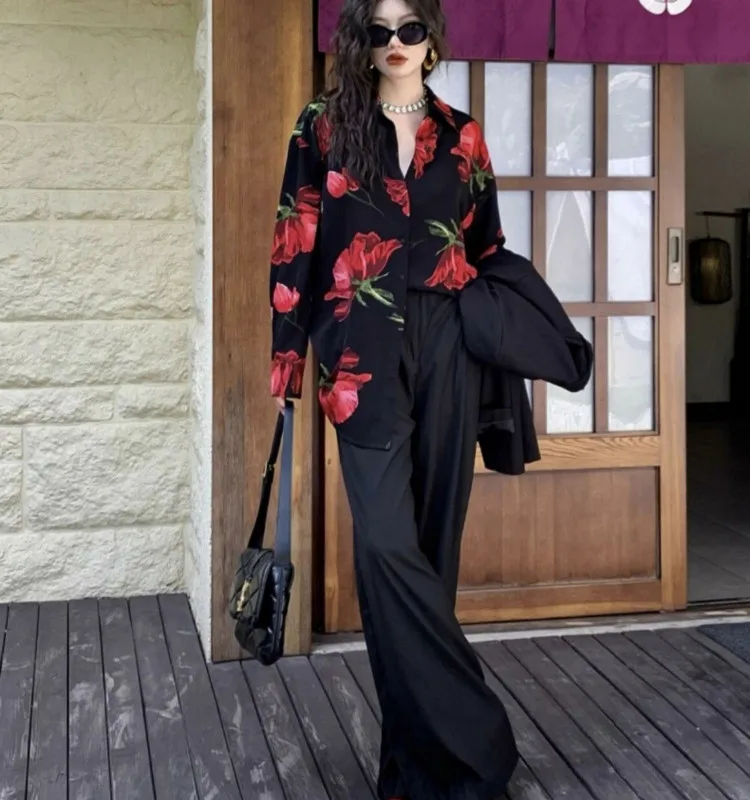 Summer Fashion New Women's Elegant Design Printed Shirt Retro Street Style Single Breasted Long Sleeved Satin Shirt