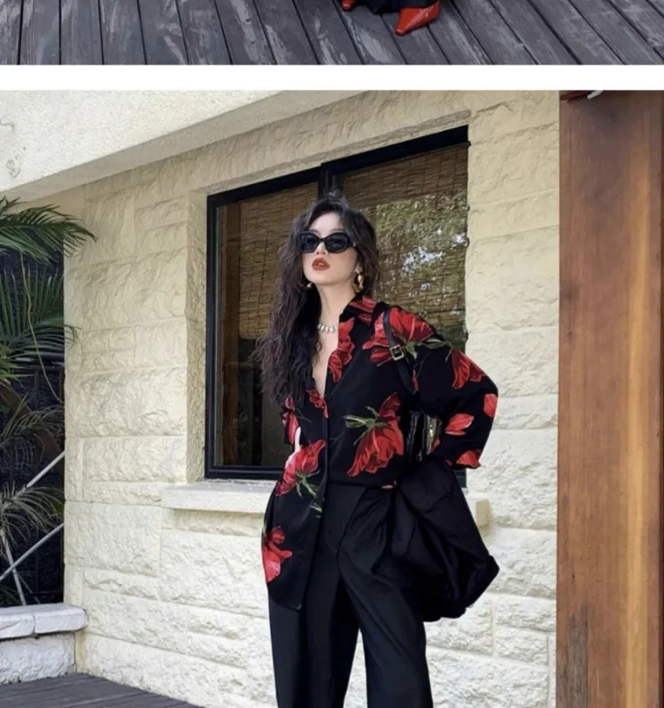 Summer Fashion New Women's Elegant Design Printed Shirt Retro Street Style Single Breasted Long Sleeved Satin Shirt