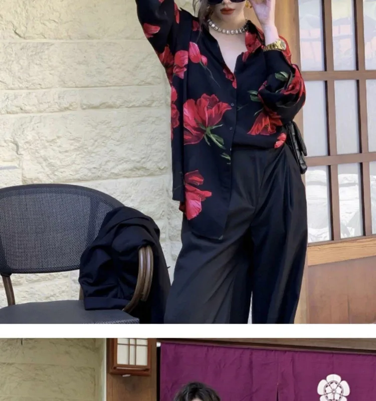 Summer Fashion New Women's Elegant Design Printed Shirt Retro Street Style Single Breasted Long Sleeved Satin Shirt