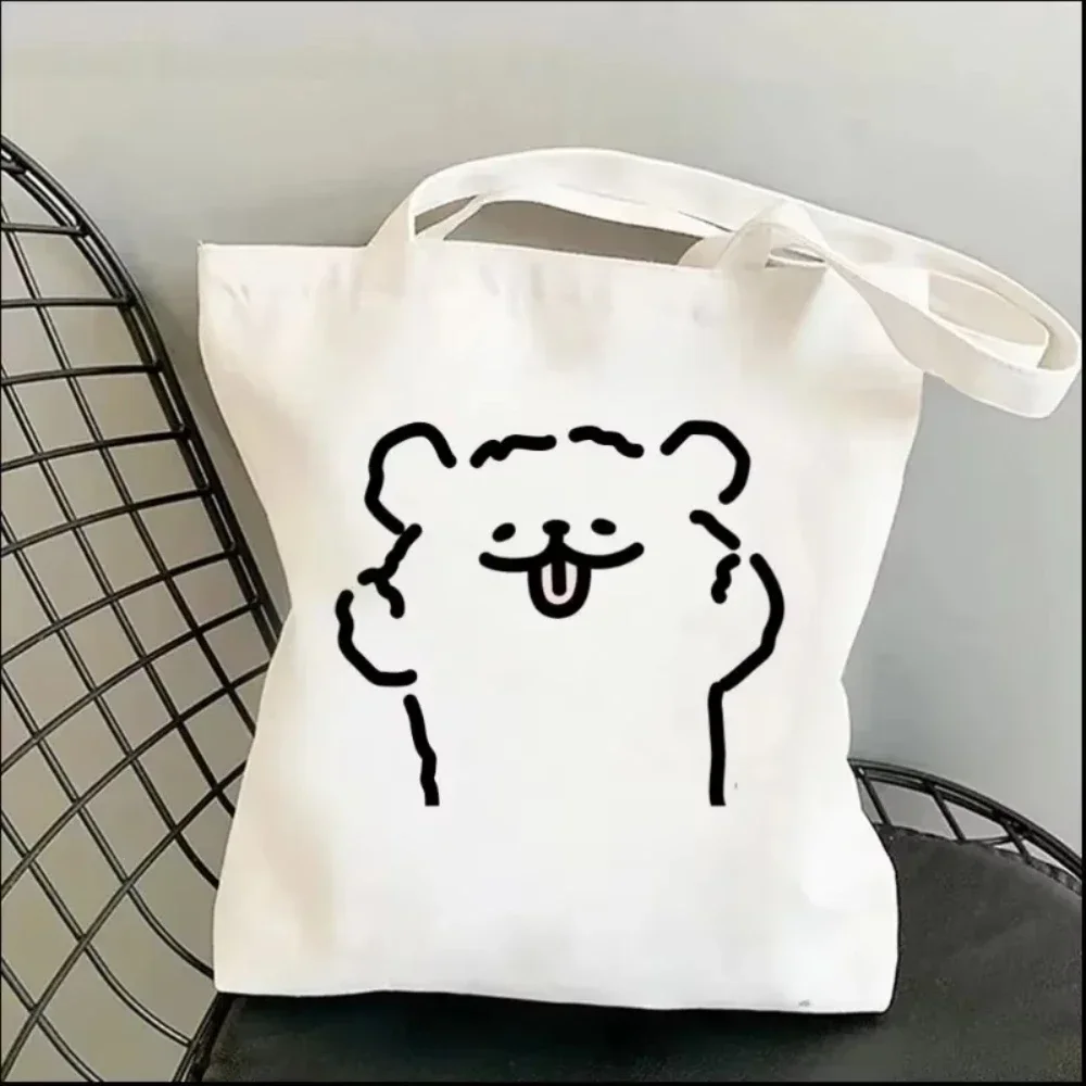 1pc Cartoon White Stick Figure Puppy Canvas Tote Bag Reusable EcoFriendly Shopper Purse Bag Spacious Commute Daily Use Gift