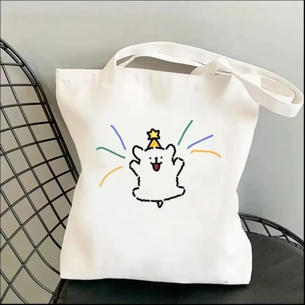 1pc Cartoon White Stick Figure Puppy Canvas Tote Bag Reusable EcoFriendly Shopper Purse Bag Spacious Commute Daily Use Gift