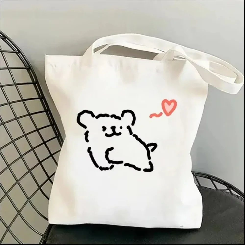 1pc Cartoon White Stick Figure Puppy Canvas Tote Bag Reusable EcoFriendly Shopper Purse Bag Spacious Commute Daily Use Gift