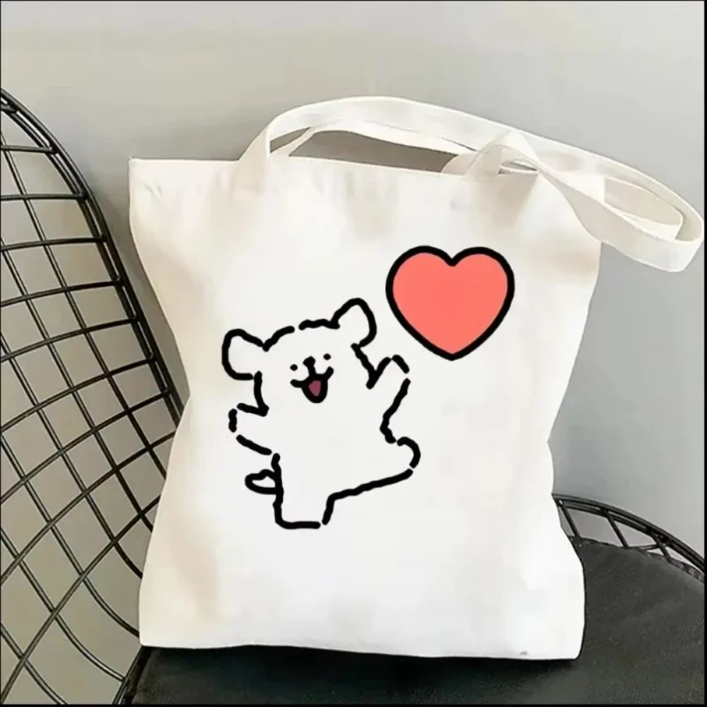 1pc Cartoon White Stick Figure Puppy Canvas Tote Bag Reusable EcoFriendly Shopper Purse Bag Spacious Commute Daily Use Gift