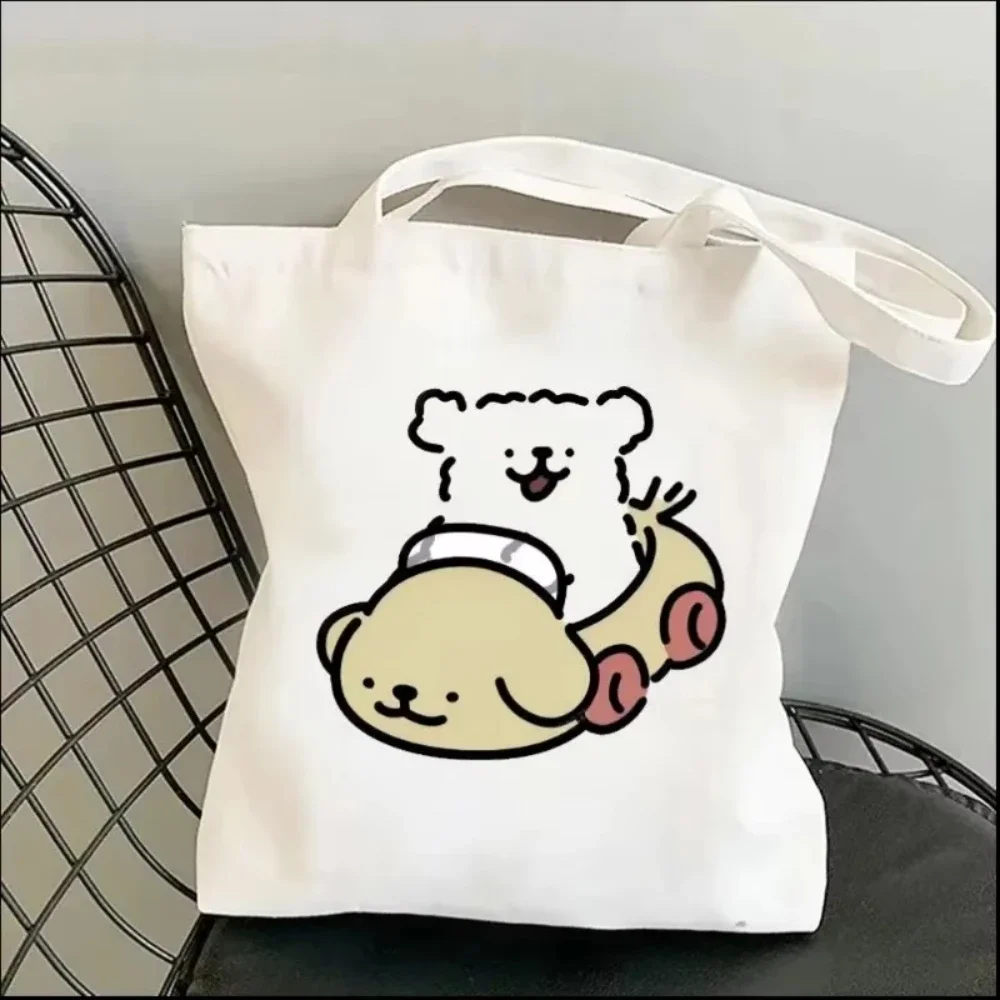 1pc Cartoon White Stick Figure Puppy Canvas Tote Bag Reusable EcoFriendly Shopper Purse Bag Spacious Commute Daily Use Gift