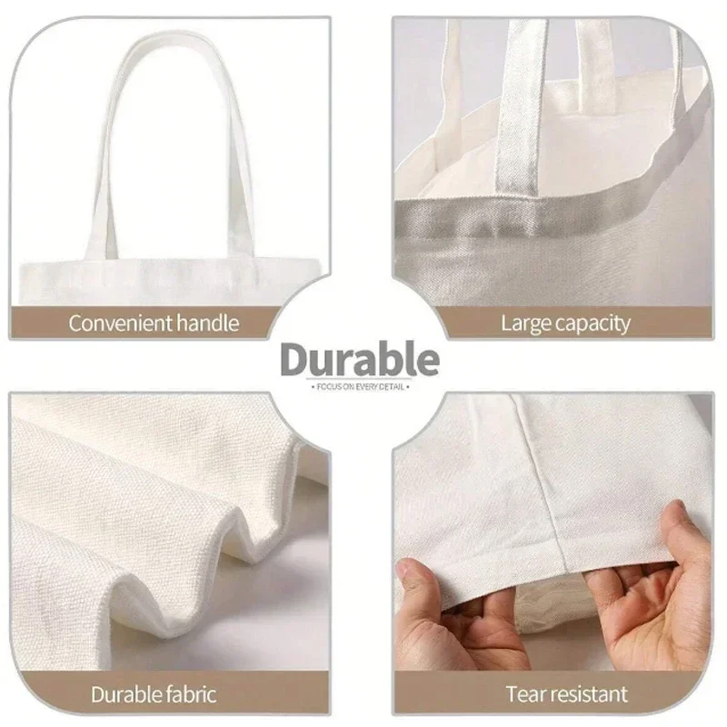 1pc Cartoon White Stick Figure Puppy Canvas Tote Bag Reusable EcoFriendly Shopper Purse Bag Spacious Commute Daily Use Gift