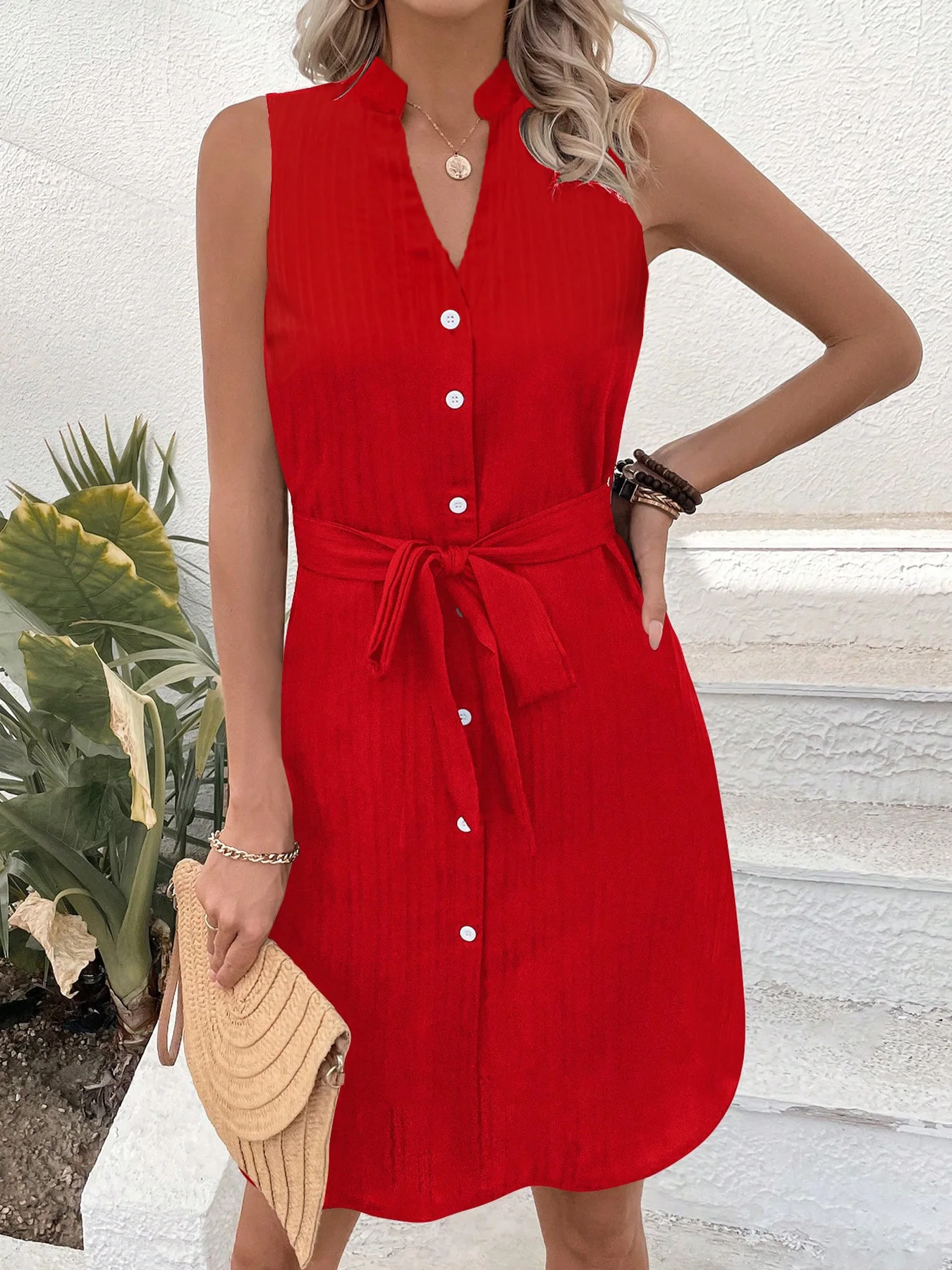 Women's Sleeveless Stand Collar Shirt Dress Button Down Tie Waist Knee Length Casual Summer Dresses Office Lady