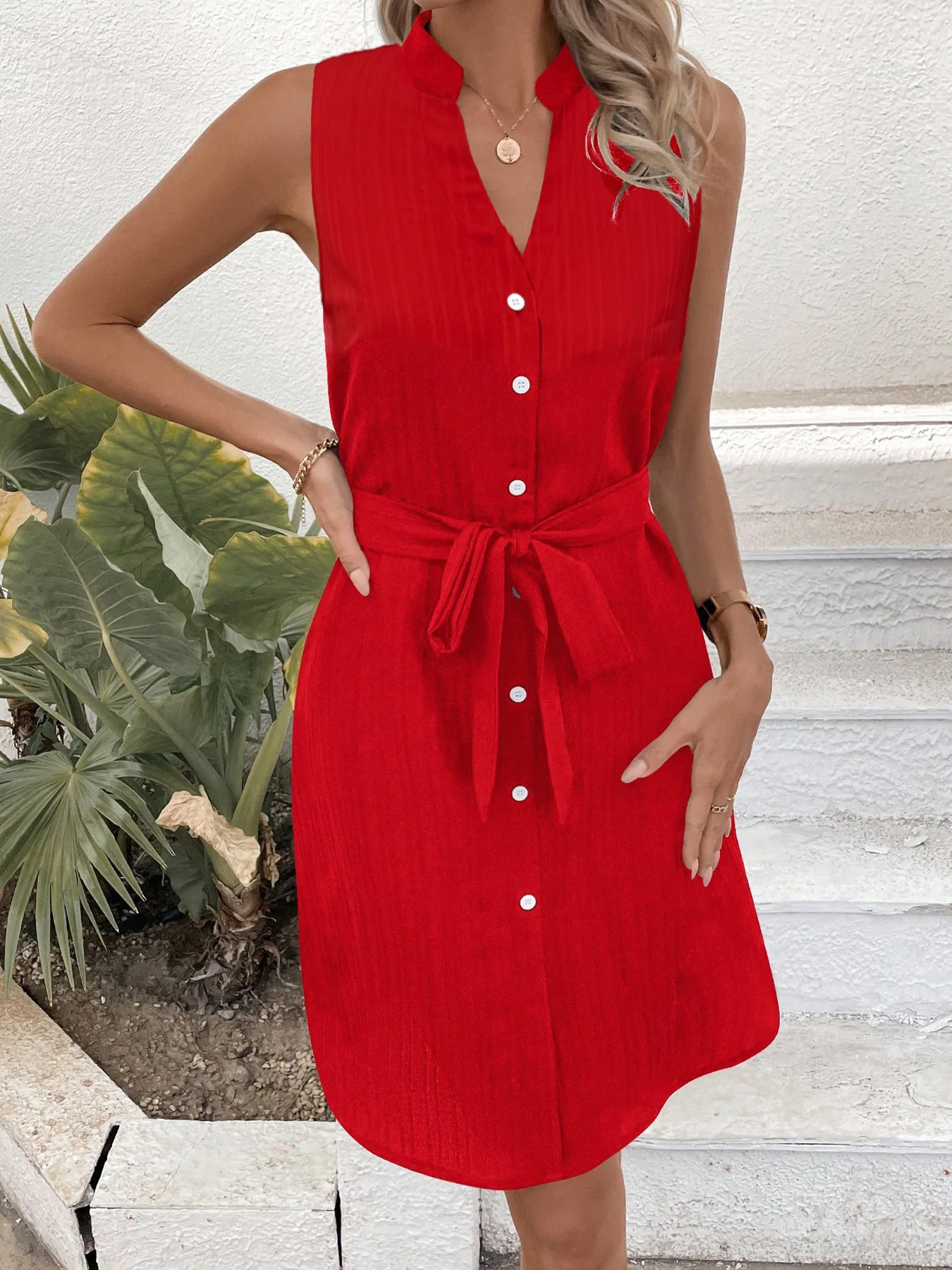 Women's Sleeveless Stand Collar Shirt Dress Button Down Tie Waist Knee Length Casual Summer Dresses Office Lady