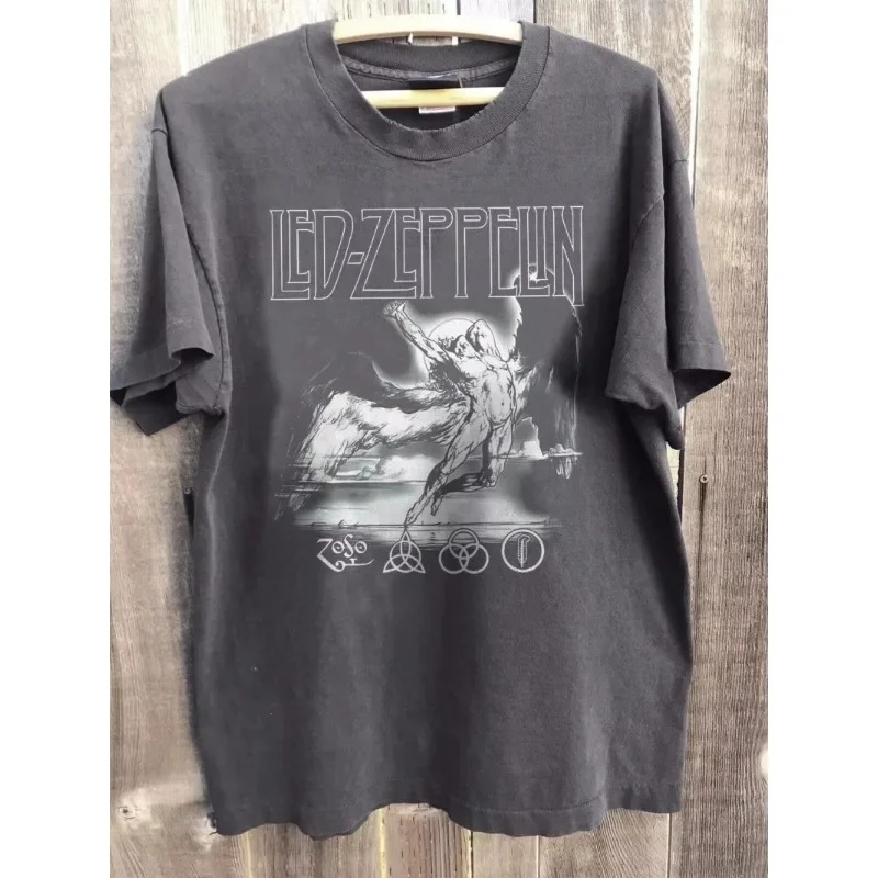 Vtg Led Zeppelin band concert short sleeved Summer Men's and Women's Loose and Breathable T-shirt Top
