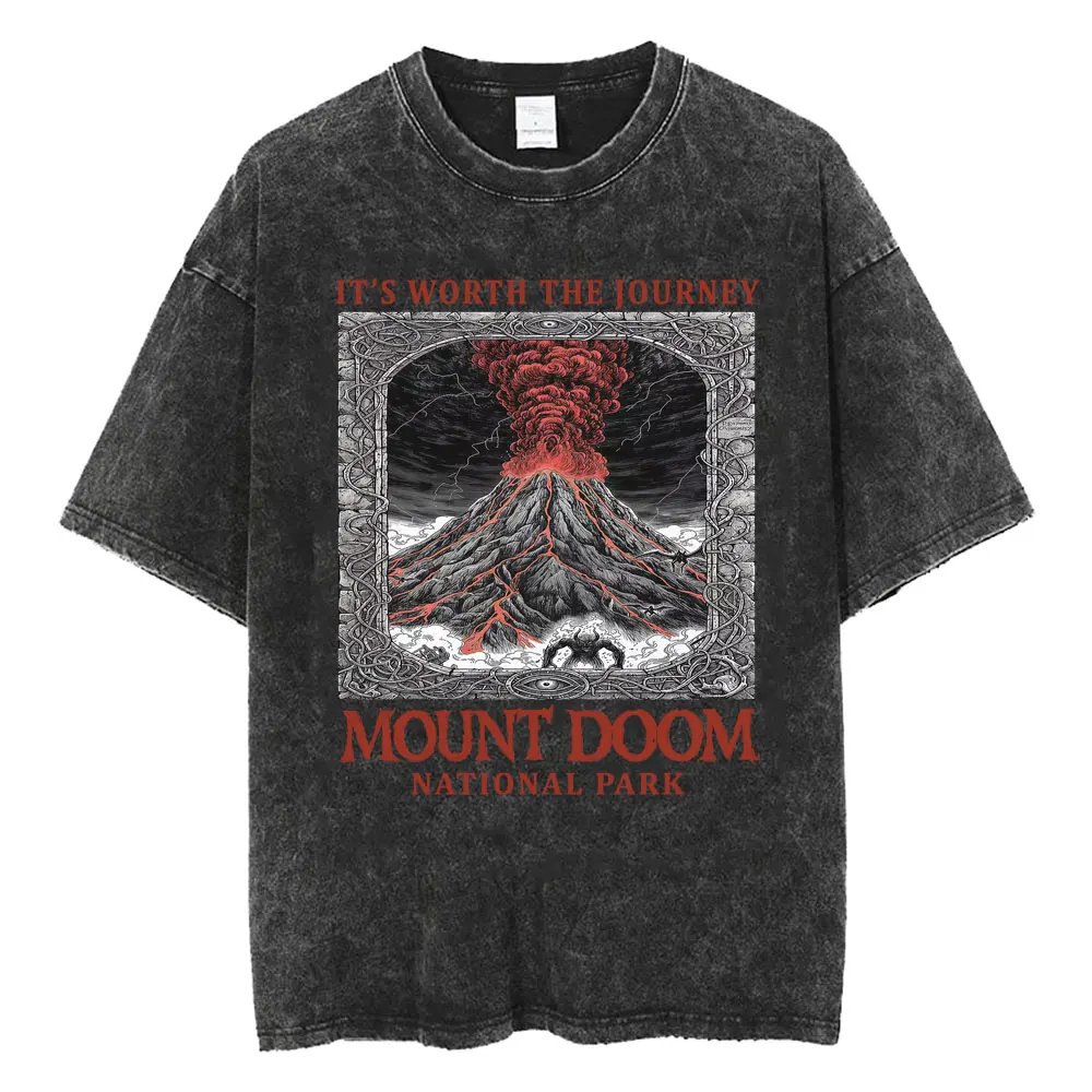 Funny LOTR Mordor Mount Doom National Park Vintage Washed T Shirts Men Women Fashion Japanese Style Oversized T-shirt Streetwear