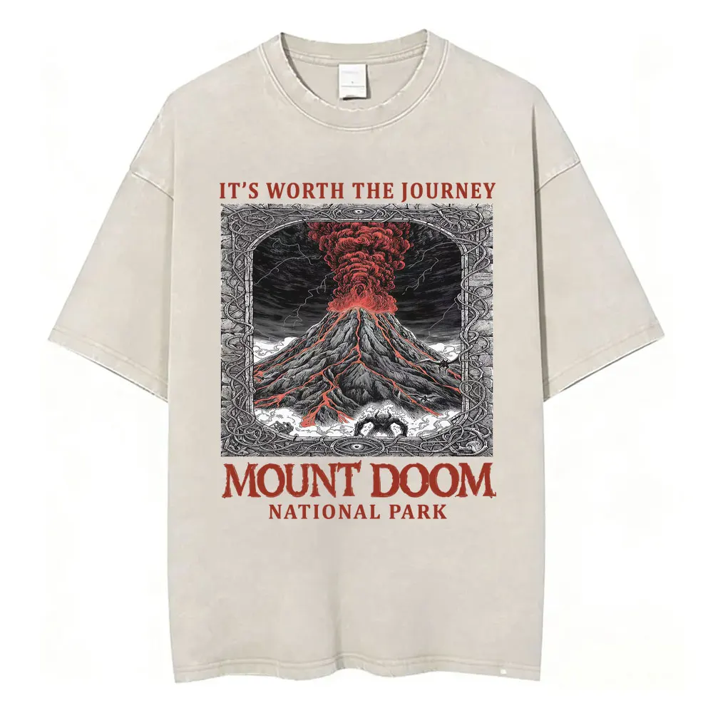 Funny LOTR Mordor Mount Doom National Park Vintage Washed T Shirts Men Women Fashion Japanese Style Oversized T-shirt Streetwear