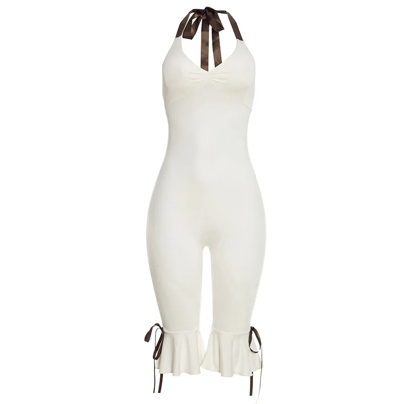 Summer Lace Up Halter Bow Y2K Jumpsuit Women Sexy V Neck Backless Bandage Skinny Party Club Rompers Beach Holiday Overall Outfit