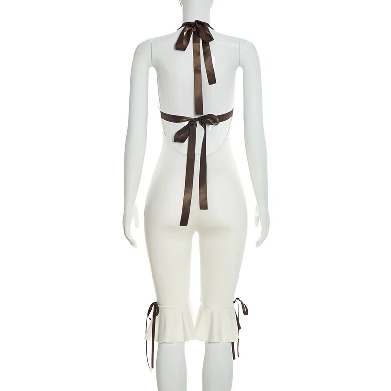 Summer Lace Up Halter Bow Y2K Jumpsuit Women Sexy V Neck Backless Bandage Skinny Party Club Rompers Beach Holiday Overall Outfit