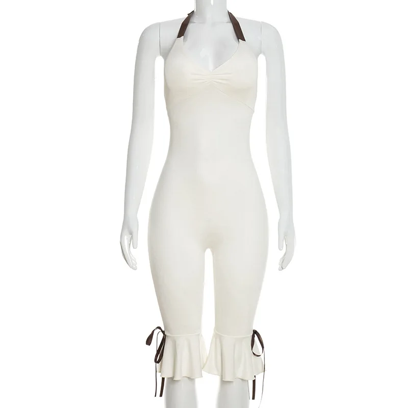 Summer Lace Up Halter Bow Y2K Jumpsuit Women Sexy V Neck Backless Bandage Skinny Party Club Rompers Beach Holiday Overall Outfit