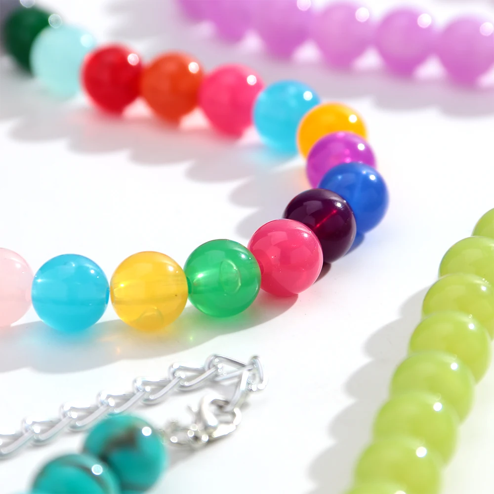 12mm Colorful Round Beads Collar Necklaces Fashion Acrylic Geometric Beaded Necklace Women Jewelry Gifts