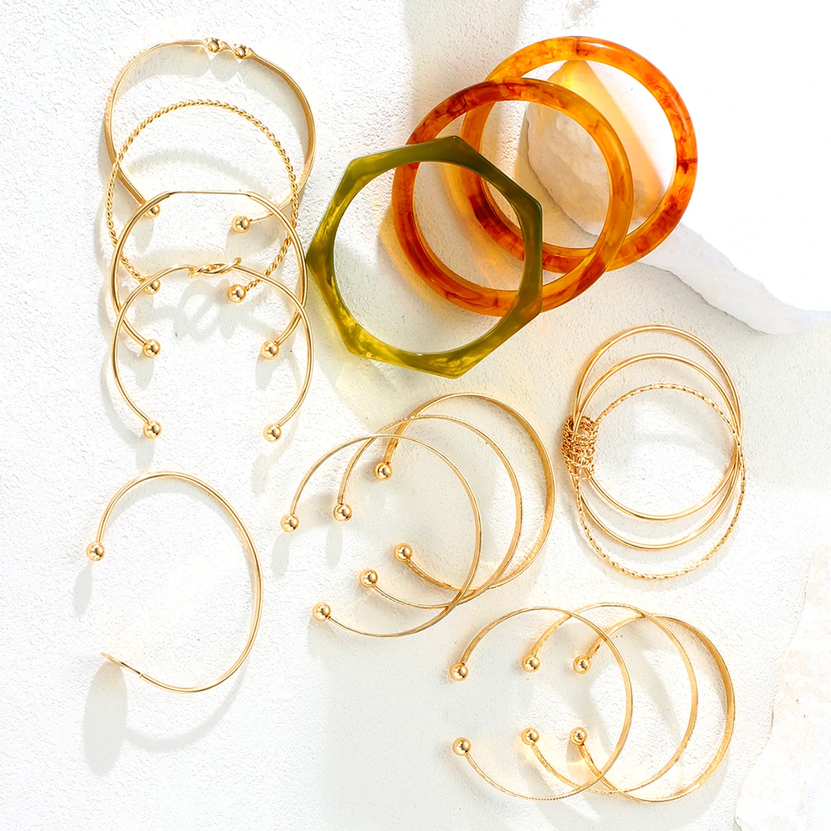 15Pcs Boho Chunky Resin Bangle Bracelet Set for Women Fashion Gold Color Acrylic Stackable Wristband Trendy Cuff Jewelry Gifts
