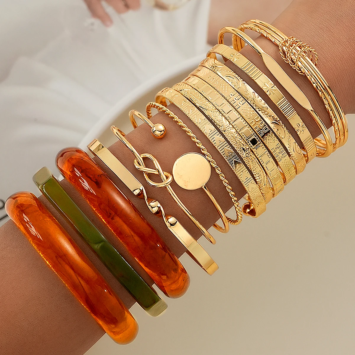 15Pcs Boho Chunky Resin Bangle Bracelet Set for Women Fashion Gold Color Acrylic Stackable Wristband Trendy Cuff Jewelry Gifts