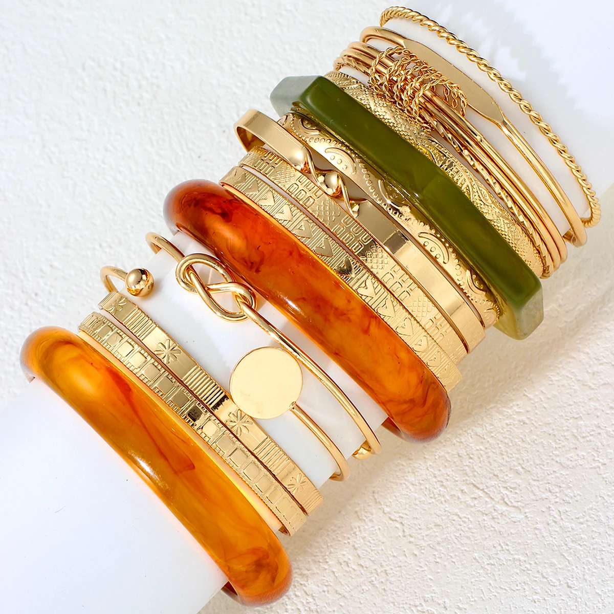 15Pcs Boho Chunky Resin Bangle Bracelet Set for Women Fashion Gold Color Acrylic Stackable Wristband Trendy Cuff Jewelry Gifts