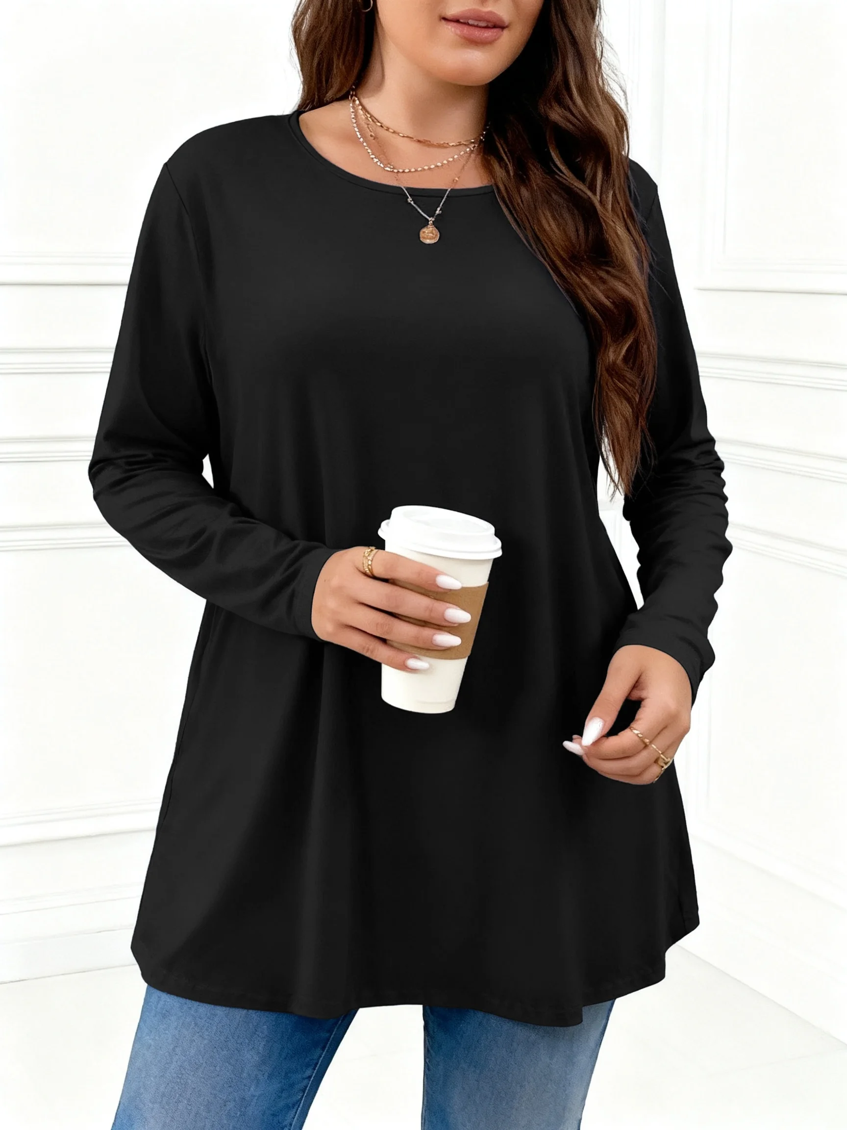 Women's Plus Size Long Sleeve Round Neck Casual Top for Effortless Everyday Style