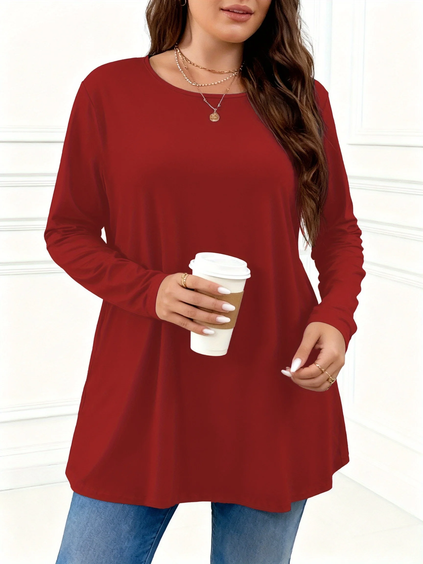 Women's Plus Size Long Sleeve Round Neck Casual Top for Effortless Everyday Style