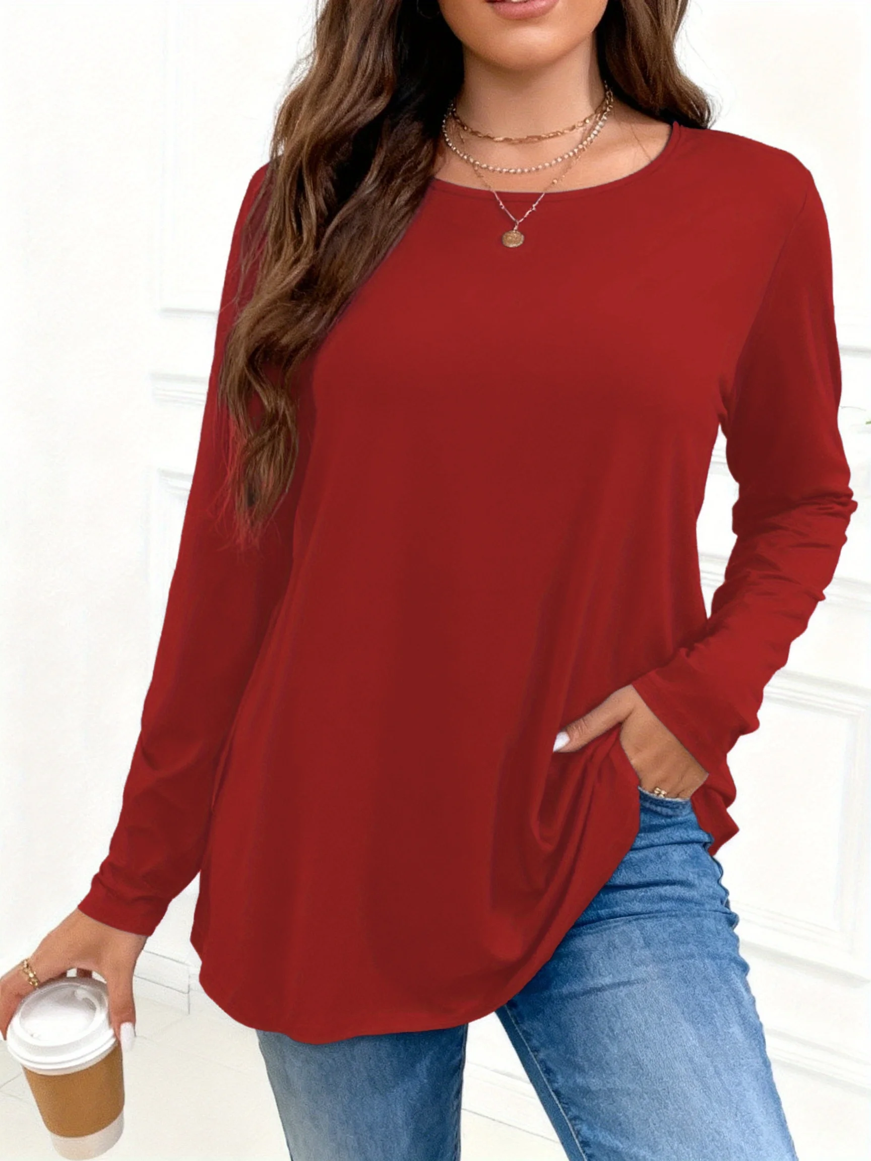 Women's Plus Size Long Sleeve Round Neck Casual Top for Effortless Everyday Style