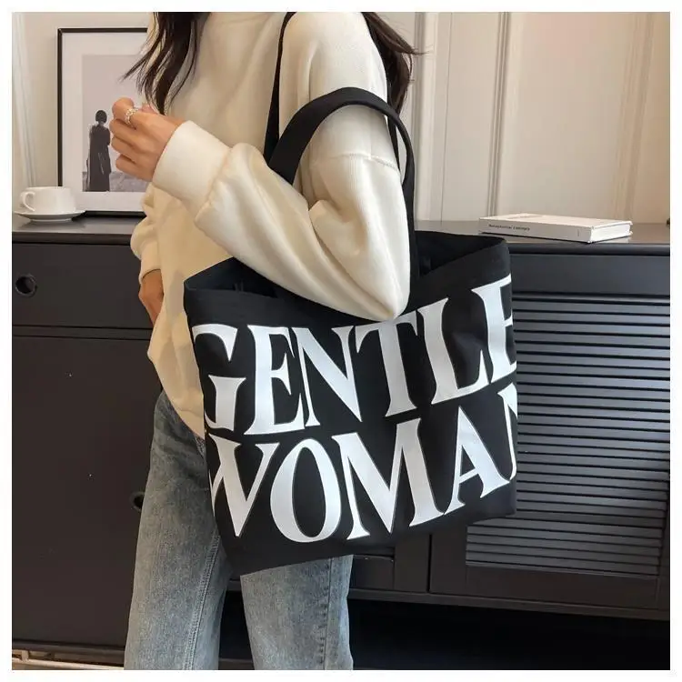 Large Capacity Letter Print Canvas Bag Women Fashion Shoulder Tote Bag Portable Reusable Shopping Bag for Daily Outings