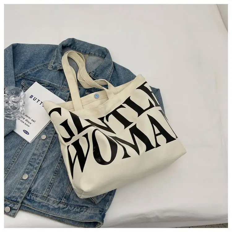 Large Capacity Letter Print Canvas Bag Women Fashion Shoulder Tote Bag Portable Reusable Shopping Bag for Daily Outings