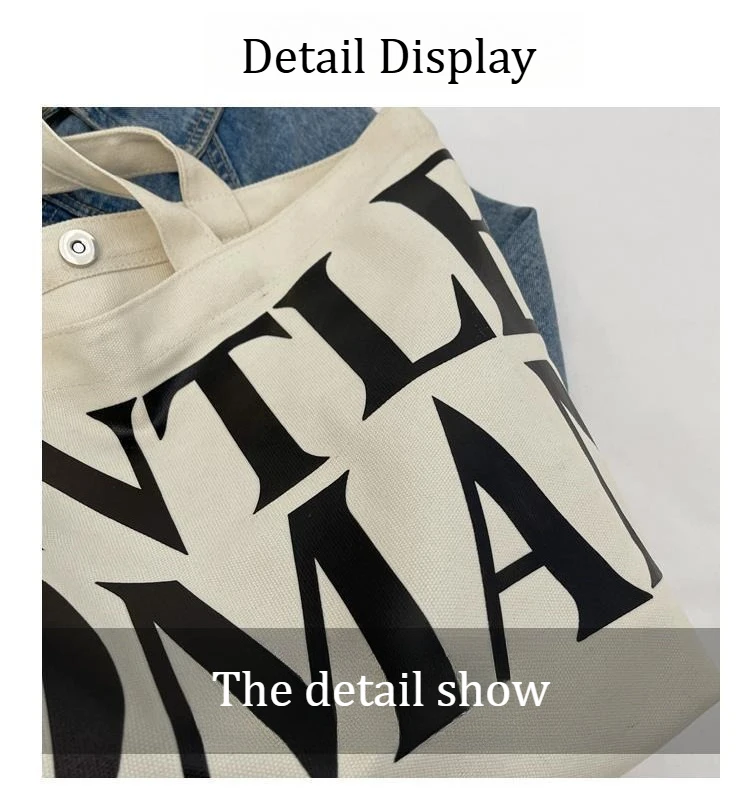 Large Capacity Letter Print Canvas Bag Women Fashion Shoulder Tote Bag Portable Reusable Shopping Bag for Daily Outings