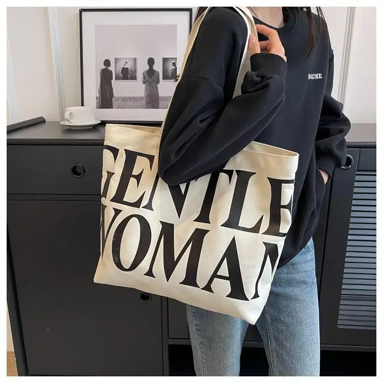 Large Capacity Letter Print Canvas Bag Women Fashion Shoulder Tote Bag Portable Reusable Shopping Bag for Daily Outings