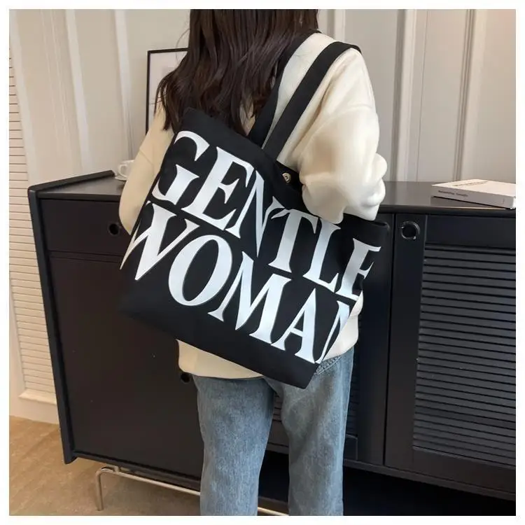 Large Capacity Letter Print Canvas Bag Women Fashion Shoulder Tote Bag Portable Reusable Shopping Bag for Daily Outings