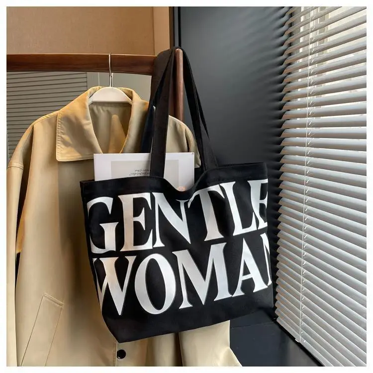 Large Capacity Letter Print Canvas Bag Women Fashion Shoulder Tote Bag Portable Reusable Shopping Bag for Daily Outings