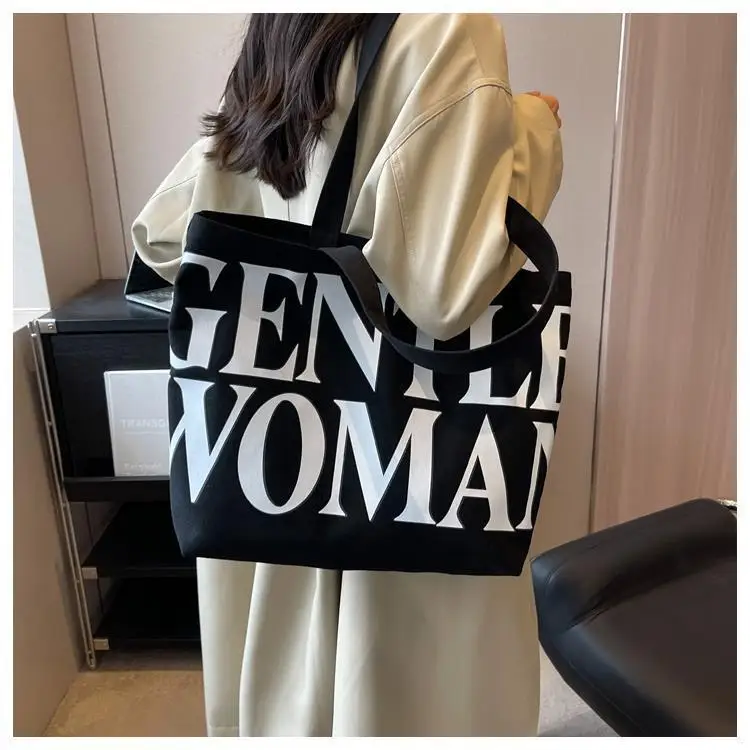 Large Capacity Letter Print Canvas Bag Women Fashion Shoulder Tote Bag Portable Reusable Shopping Bag for Daily Outings