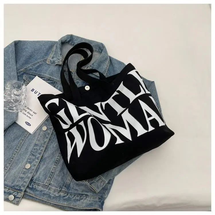Large Capacity Letter Print Canvas Bag Women Fashion Shoulder Tote Bag Portable Reusable Shopping Bag for Daily Outings