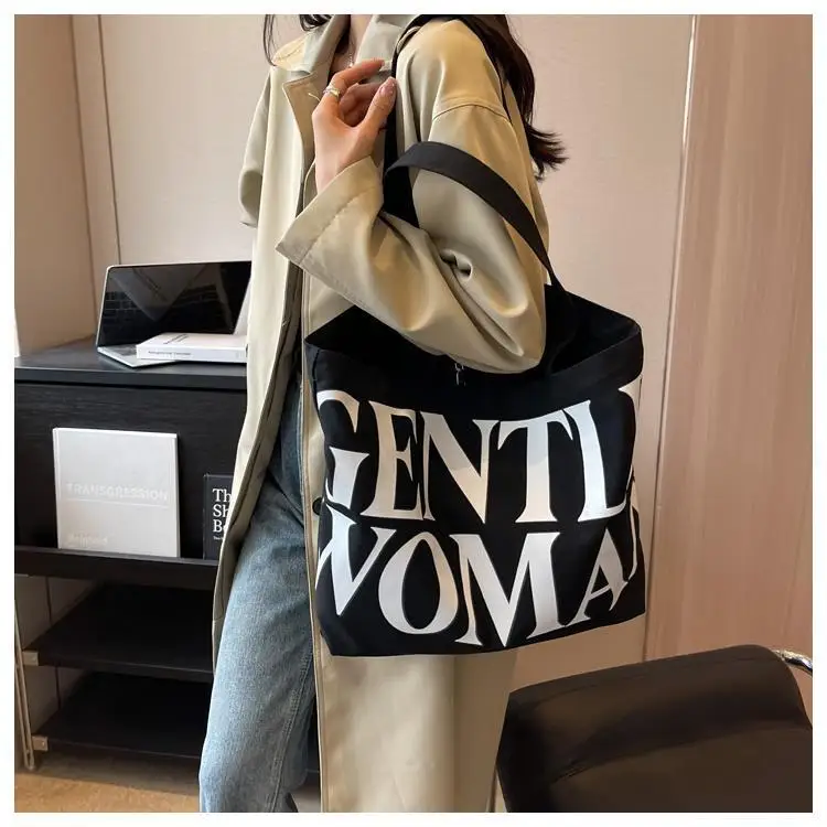 Large Capacity Letter Print Canvas Bag Women Fashion Shoulder Tote Bag Portable Reusable Shopping Bag for Daily Outings