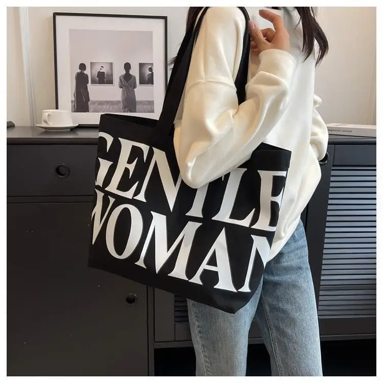 Large Capacity Letter Print Canvas Bag Women Fashion Shoulder Tote Bag Portable Reusable Shopping Bag for Daily Outings