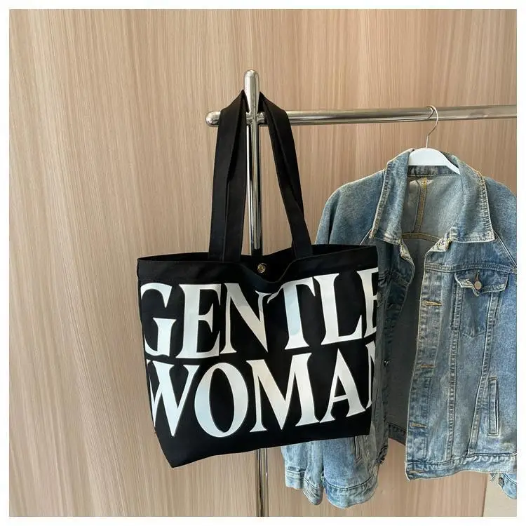 Large Capacity Letter Print Canvas Bag Women Fashion Shoulder Tote Bag Portable Reusable Shopping Bag for Daily Outings