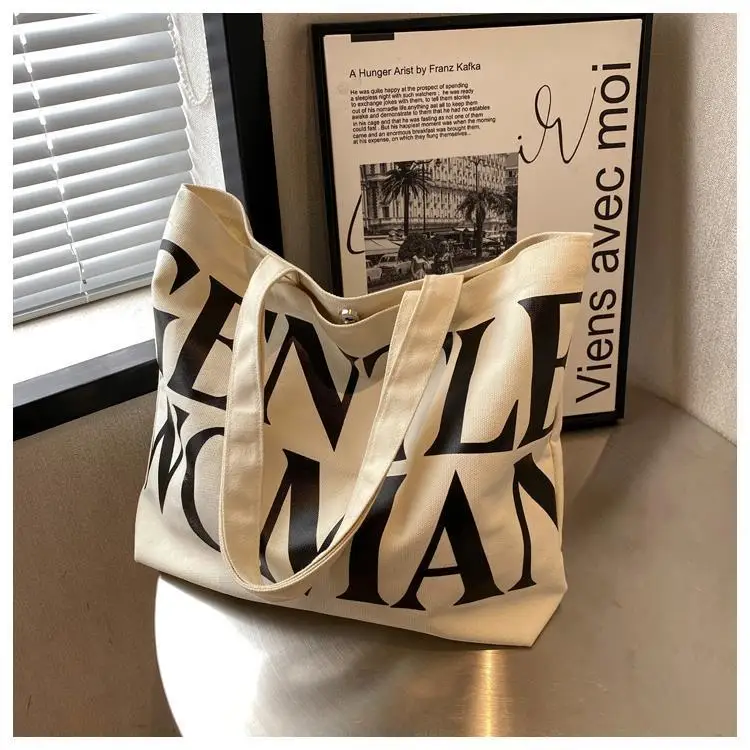 Large Capacity Letter Print Canvas Bag Women Fashion Shoulder Tote Bag Portable Reusable Shopping Bag for Daily Outings