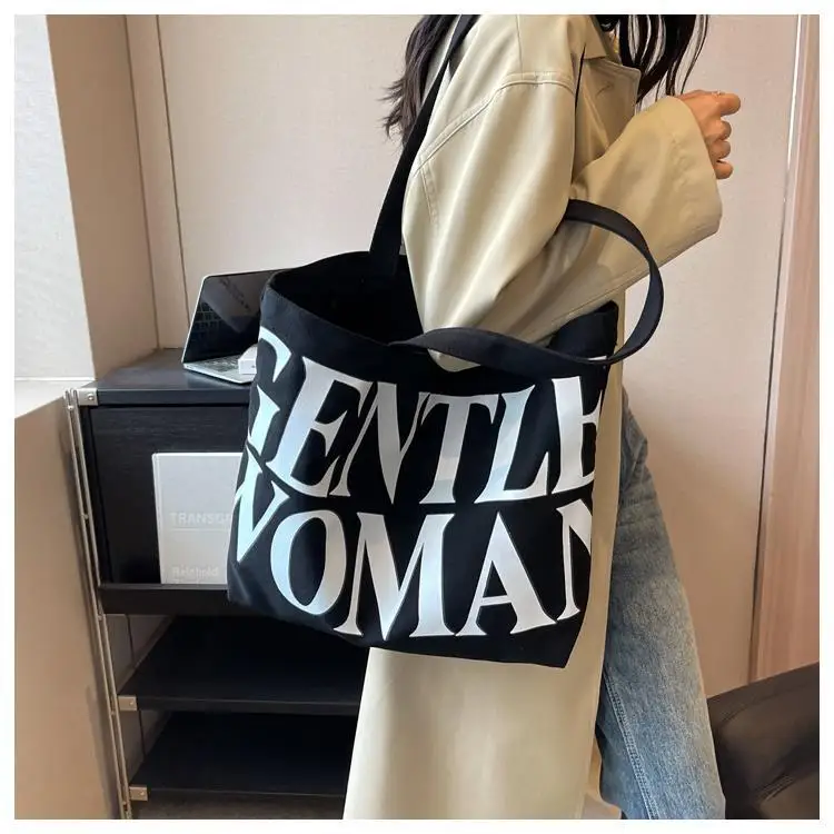 Large Capacity Letter Print Canvas Bag Women Fashion Shoulder Tote Bag Portable Reusable Shopping Bag for Daily Outings