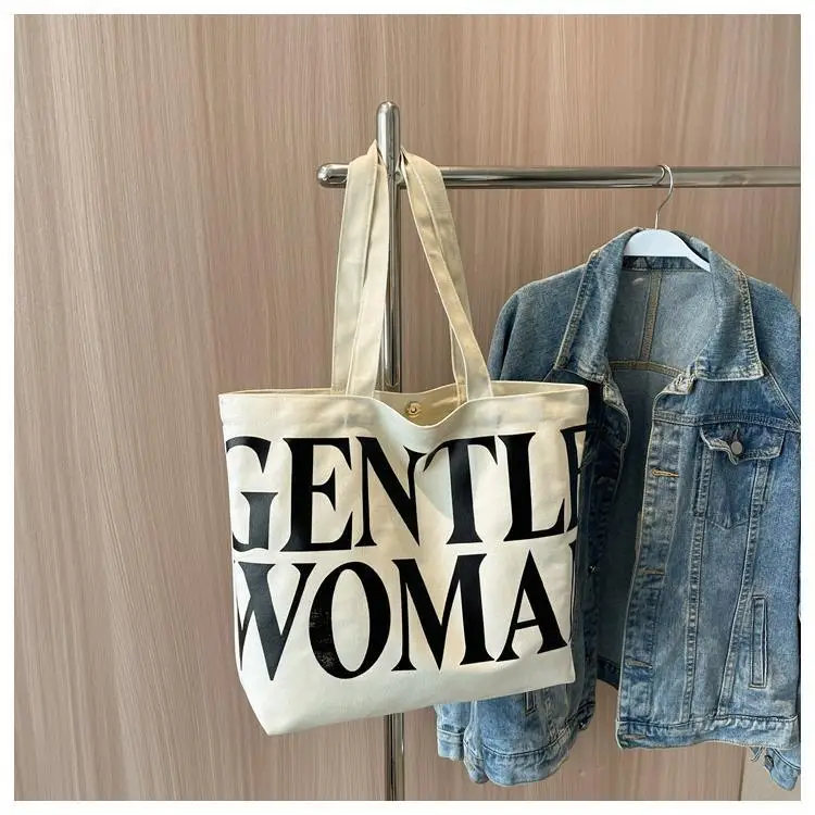 Large Capacity Letter Print Canvas Bag Women Fashion Shoulder Tote Bag Portable Reusable Shopping Bag for Daily Outings