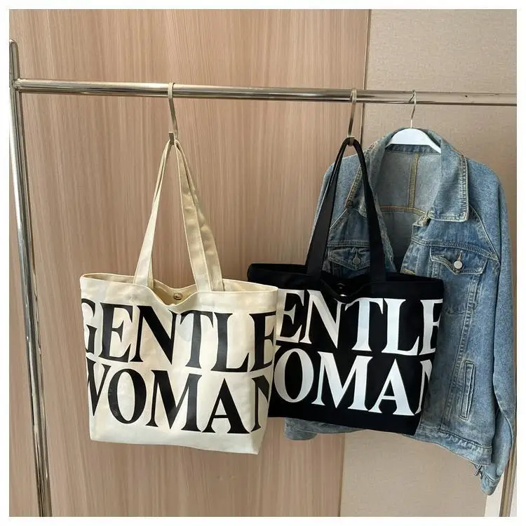 Large Capacity Letter Print Canvas Bag Women Fashion Shoulder Tote Bag Portable Reusable Shopping Bag for Daily Outings