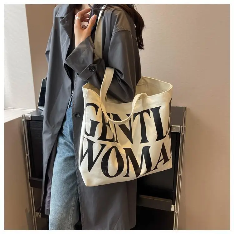 Large Capacity Letter Print Canvas Bag Women Fashion Shoulder Tote Bag Portable Reusable Shopping Bag for Daily Outings