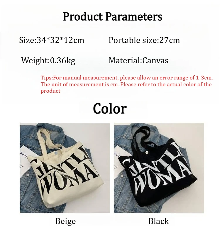 Large Capacity Letter Print Canvas Bag Women Fashion Shoulder Tote Bag Portable Reusable Shopping Bag for Daily Outings