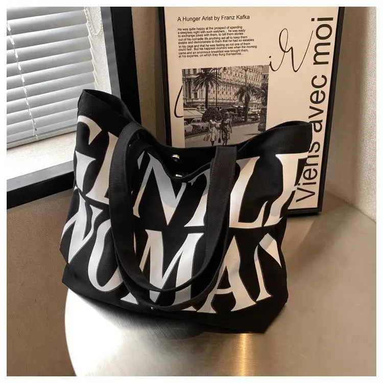 Large Capacity Letter Print Canvas Bag Women Fashion Shoulder Tote Bag Portable Reusable Shopping Bag for Daily Outings