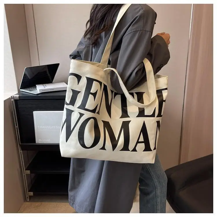 Large Capacity Letter Print Canvas Bag Women Fashion Shoulder Tote Bag Portable Reusable Shopping Bag for Daily Outings