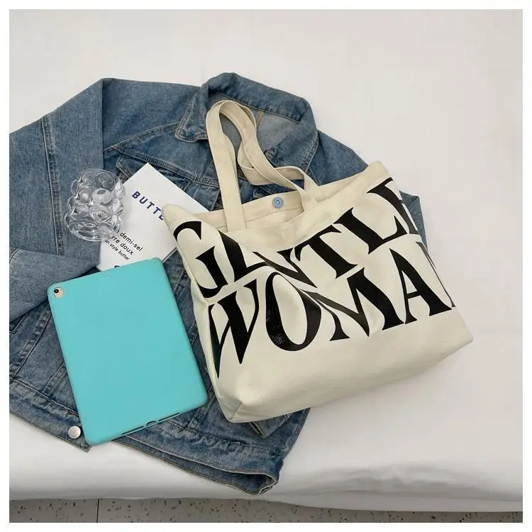 Large Capacity Letter Print Canvas Bag Women Fashion Shoulder Tote Bag Portable Reusable Shopping Bag for Daily Outings